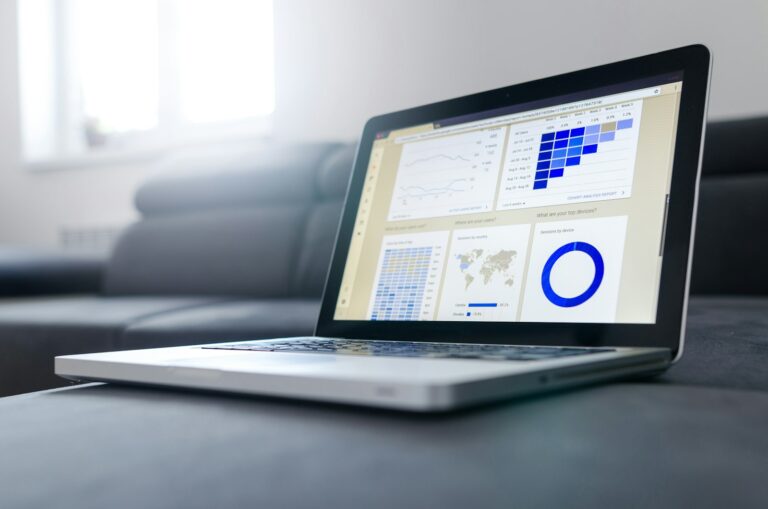 Laptop showing statistics and charts on a sofa