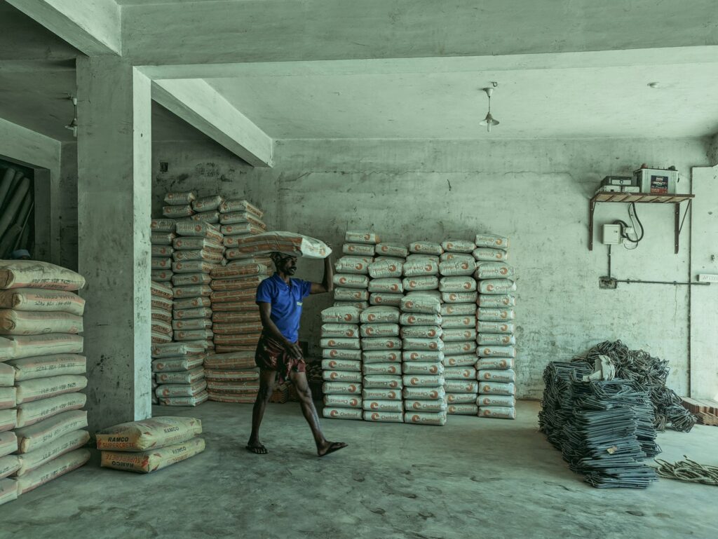 Warehouse in India with stacked stock ready for dispatch