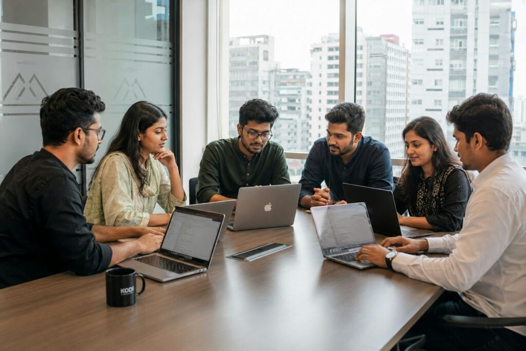 Indian procurement team working together on laptops around a meeting table